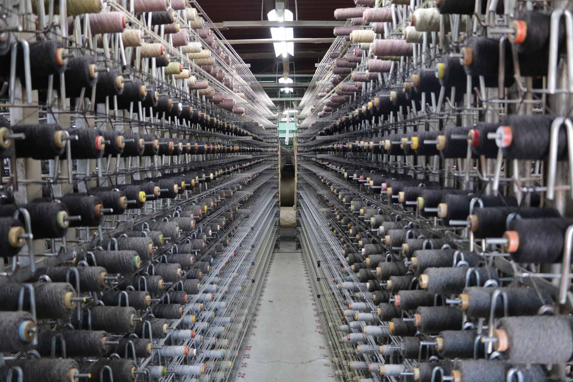 ご自宅と一緒に見せていただいた「堀田カーペット」の製造現場。一度に何百という糸巻きから、奥の織機へ糸が送られる。いいカーペットは糸使いが鍵、と堀田さん