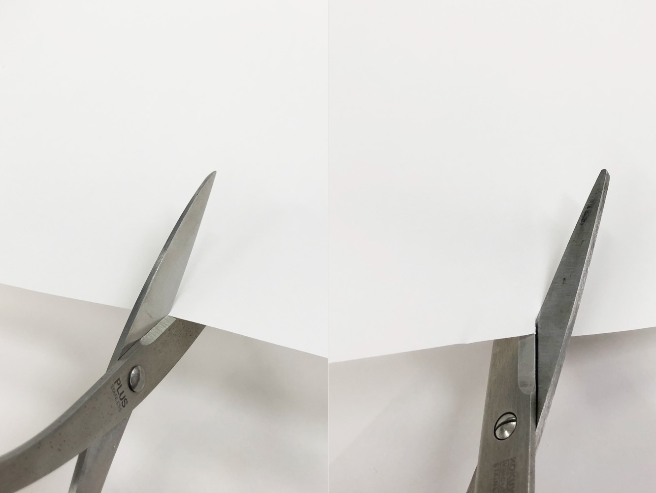 左のハサミは左利き用、右のハサミは右利き用。それぞれ切っている面が刃の手前に見えるようになっています